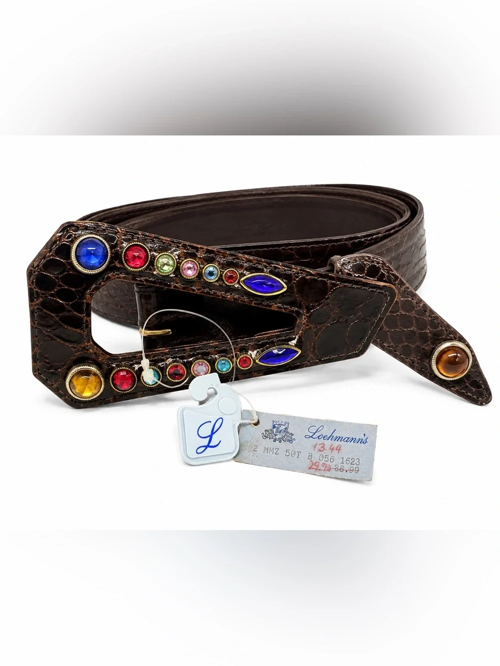 Vintage Jeweled Leather Belt Statement Rhinestone Buckle Boho Western 46